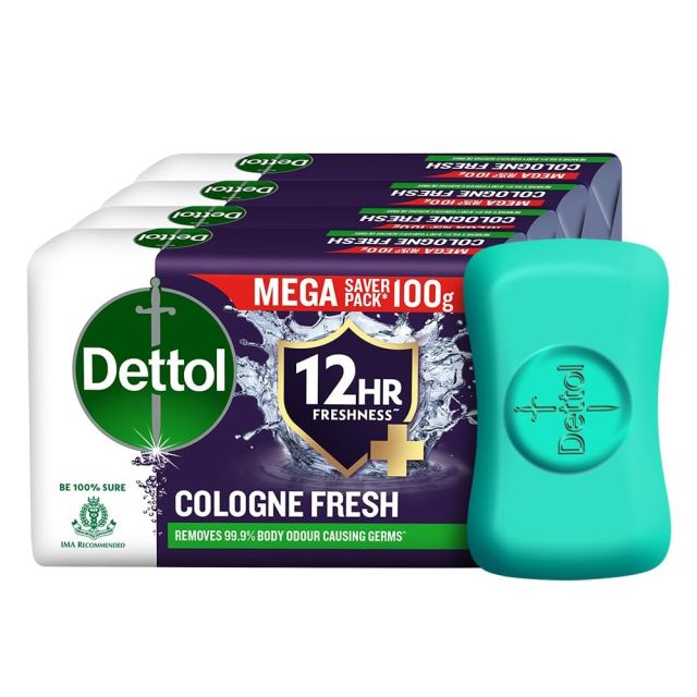 Dettol Cologne Fresh Bathing Soap Bar with 12hr Freshness 100g Pack of 4, (400gm)