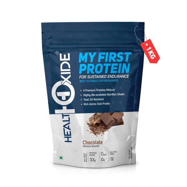 HealthOxide My First Protein for Beginners 1kg (Chocolate Flavour), Daily Nutrition Protein Supplement, 9.9g Protein per 30g Scoop, Multi Source Protein Blend (Whey, Soy, Casein & Pea), 26 Vitamins & Minerals, No Added Sugar, Gluten Free