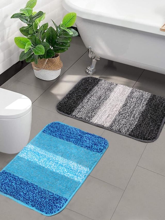 SARAL HOME EASY LIVING Microfiber Striped Rectangle Shaped Anti-Skid Bath Mats | Soft & Super Absorbent Mats for Shower | Washable, Non-Slip & Quick-Drying Mats, 35x50 CM | Pack of 2 (Black)