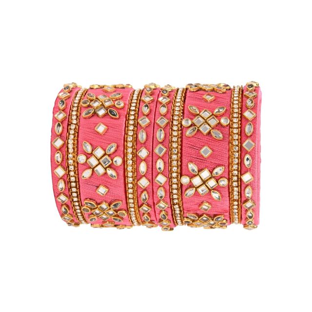 I Jewels Gold Plated Traditional Silk Thread Embellishments Bangles Chuda Bangle Set for Bridal/Women