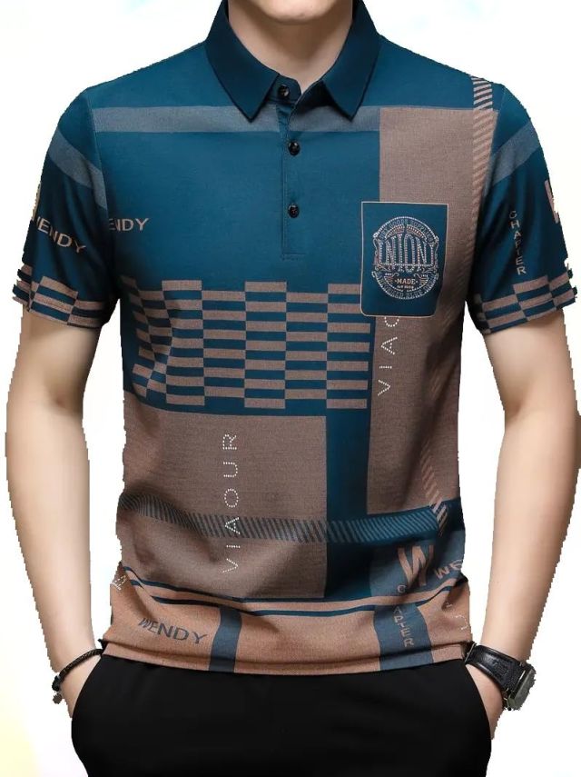 Men's Irregular Geometric Pattern and Alphabet Print Sports Collar Tshirt (Rizim Temu Print Polo-Blue001-M)