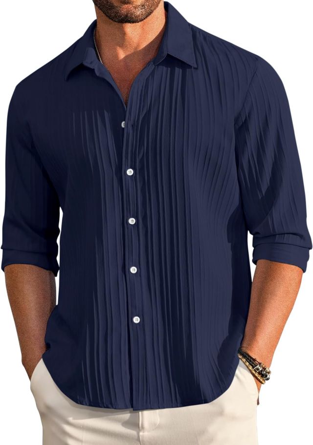 FINIVO FASHION Men's Casual Cotton Plain Button Down Shirt Long Sleeve Textured Summer Beach Shirt for Men