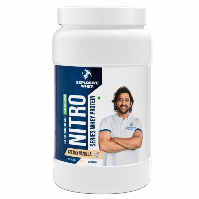 Explosive Whey Nitro Series Whey Protein – Trusted by M.S. Dhoni & Kedar Jadhav | 24g Protein & 3g German Sourced Creatine for Strength, Endurance, & Lean Muscle - 29 Servings - 1Kg, RICH CHOCOLATE
