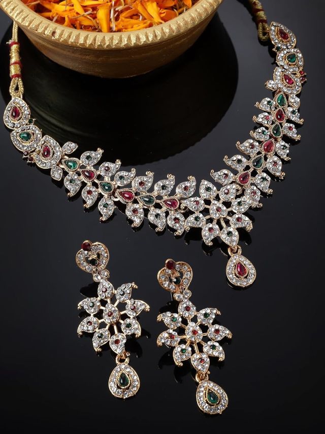 Sukkhi Multicolor Gold Plated Multicolor AD Stone Collar Bone Necklace Set And Earring | Jewellery Set For Women (NS105663)