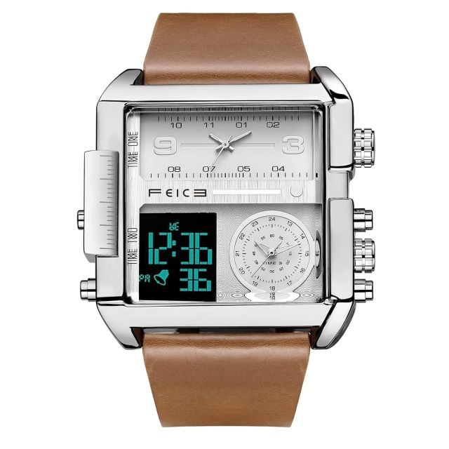 FEICE Wathes for Men Digital LED Analog Quartz Wristwatch Business Men’s Watch Multifunction Square Chronograph 24H Calendar Leather Band Unique FK030 Watch Large Dial Watches