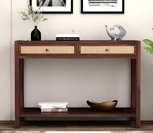 Panchveni Sheesham Wood Console Table with Cane Design & 2 Drawer Storage and Bottom Shelf Storage | Wooden Hallway Furniture for Bedroom, Entryway, Living Room and Home | (Walnut Glossy)