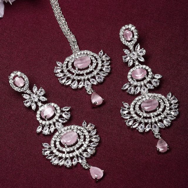 ZENEME Rose Gold Plated American Diamond Studded Maang Tikka & Earrings Jewellery Set For Woment and Girl
