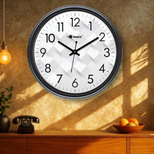 Bosco Modern Non Ticking Silent, Black Frame with White Face 30 CM, Round Wall Clock for Home, Living Room, Bedroom, Office and Kitchen
